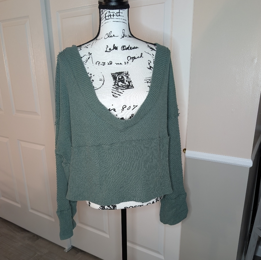 NWOT Free People Deep V-Neck Knit Sweater in Dusty Teal